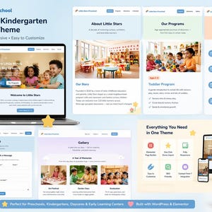May include: A website design for Little Stars Preschool, showcasing a modern and responsive WordPress theme. The design includes a laptop, phone, and tablet display, with sections for programs, admissions, and contact information. The theme is designed for preschools and kindergartens.