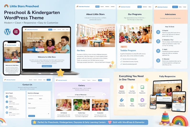 May include: A website design for Little Stars Preschool, showcasing a modern and responsive WordPress theme. The design includes a laptop, phone, and tablet display, with sections for programs, admissions, and contact information. The theme is designed for preschools and kindergartens.