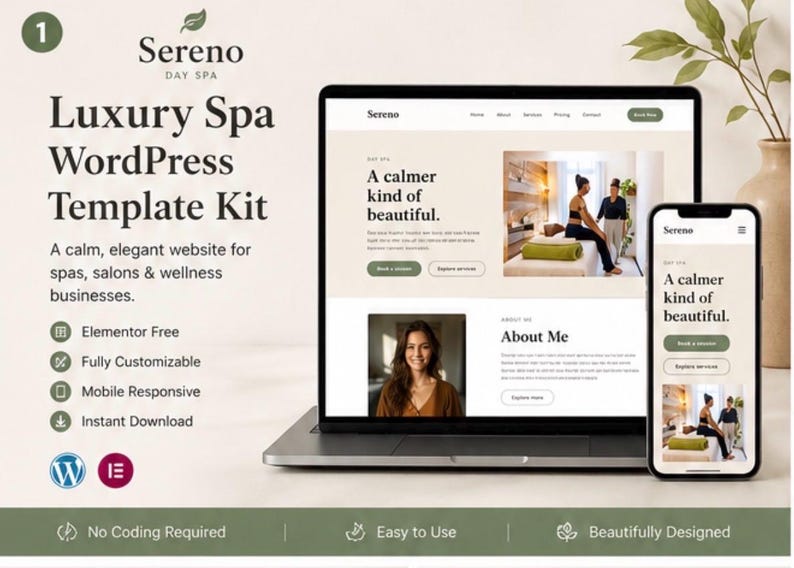 Op de afbeelding: Een laptop en smartphone tonen een website templates kit voor spa's en wellnessbedrijven. Het website-ontwerp heeft een rustgevend kleurenpalet en bevat de tekst "A calmer kind of beautiful."
