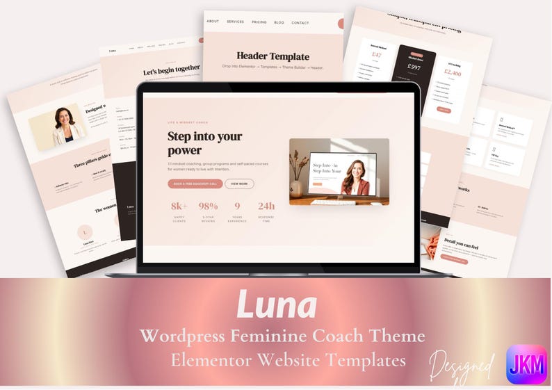 Puede incluir: Un ordenador port&aacute;til muestra un dise&ntilde;o de sitio web con una paleta de colores suaves. La pantalla muestra a una mujer y el texto "Step into your power". Varias maquetas de p&aacute;ginas web rodean el port&aacute;til. La imagen tambi&eacute;n incluye el texto "Luna Wordpress Feminine Coach Theme Elementor Website Templates."