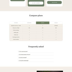 Op de afbeelding: Webpagina-ontwerp voor Sereno Day Spa, met lidmaatschapsopties. De pagina bevat prijzen voor Essential-, Member- en Atelier-abonnementen. Het ontwerp maakt gebruik van een overzichtelijke lay-out met tekst en afbeeldingen, en een call-to-action-knop.