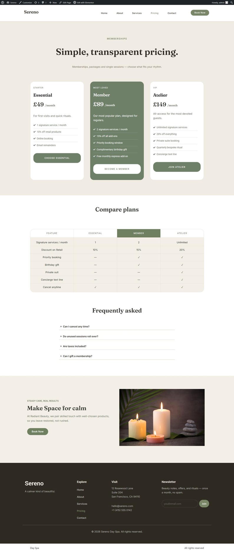 Op de afbeelding: Webpagina-ontwerp voor Sereno Day Spa, met lidmaatschapsopties. De pagina bevat prijzen voor Essential-, Member- en Atelier-abonnementen. Het ontwerp maakt gebruik van een overzichtelijke lay-out met tekst en afbeeldingen, en een call-to-action-knop.
