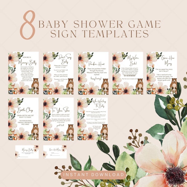 Floral Woodland Animal Baby Shower Game Signs and Cards Bundle