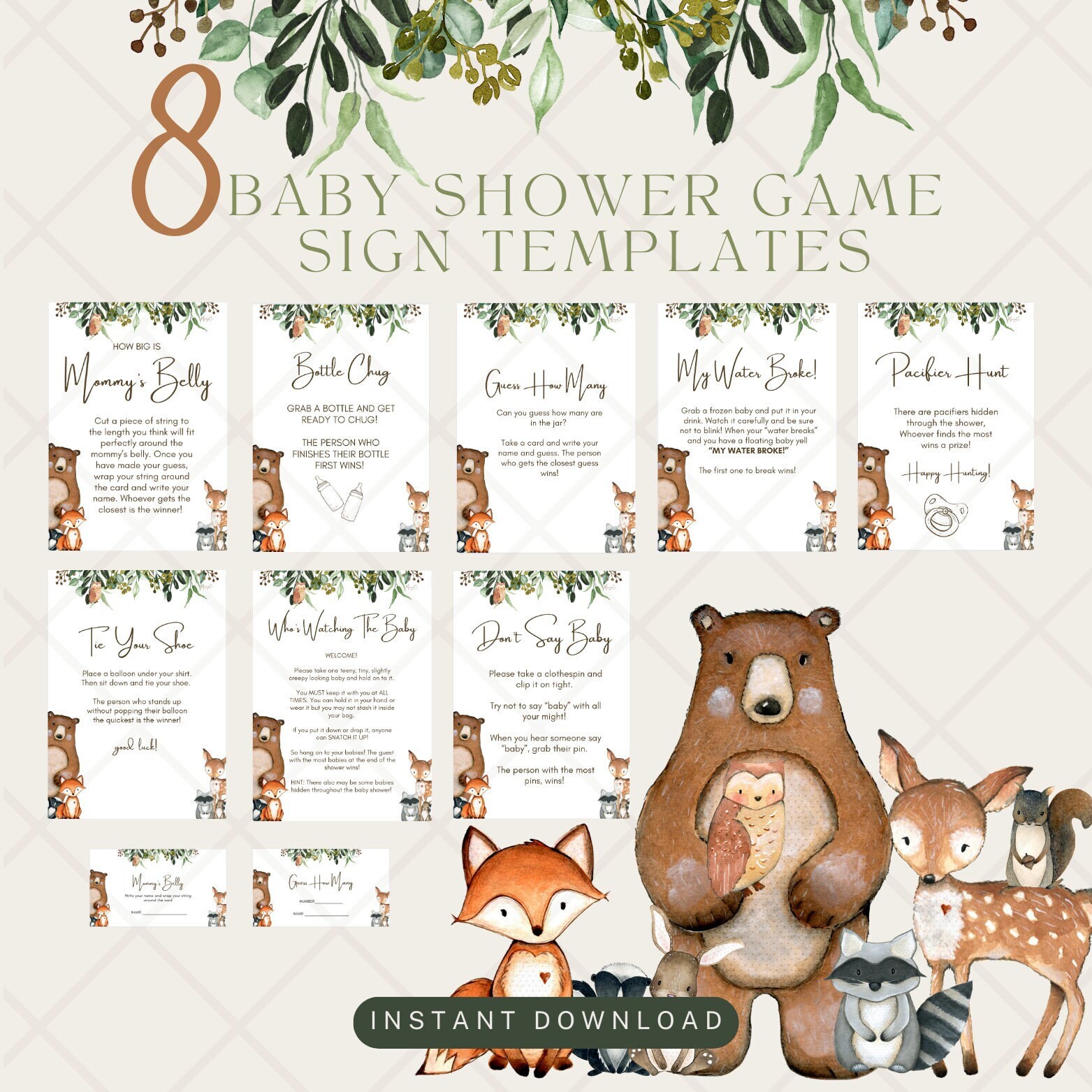 Woodland Animals Theme Baby Shower Game Signs and Cards - Etsy