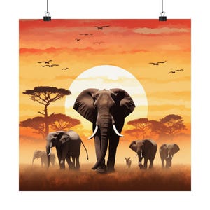 Elephant Sunset Matte Vertical Poster, African Safari Wildlife Art ...