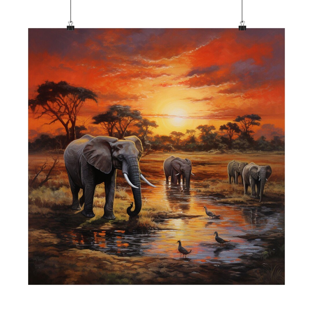 Elephant Sunset Matte Vertical Poster, Wildlife African Savanna Wall ...