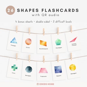 Può includere: Un set di 26 flashcard ad acquerello che presentano diverse forme geometriche, tra cui un triangolo, un cerchio, un parallelogramma, un pentagono, un triangolo scaleno, una croce, un decagono, un trapezio, un quadrato e un nonagono. Le flashcard sono etichettate con il nome di ogni forma e sono progettate per essere utilizzate con l'audio QR.