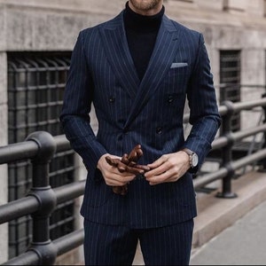 MEN SUIT - Double Breasted Suit - Navy Blue Striped Suit - Elegant Double Breasted Suit - Men Wedding Suit - Men's Clothing - Suit For Men