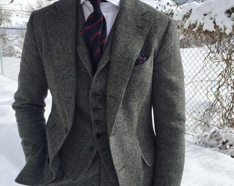 US - Gray Herringbone Tweed Men 3Piece Suit