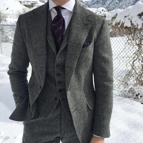 US - Grau Herringbone Tweed Männer 3Teiler Anzug