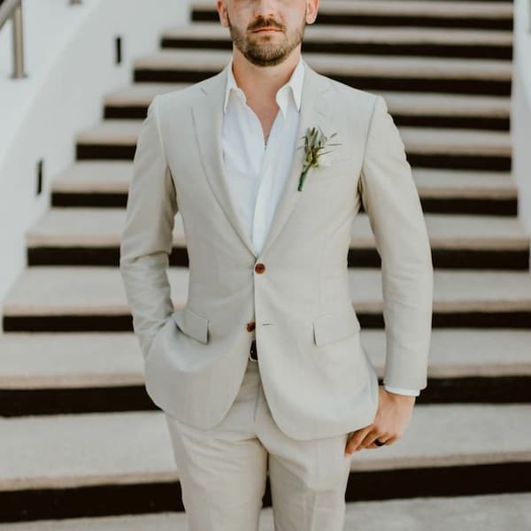 Man beige linen suit- men's beach wedding suit- 2 piece suit- regular fit- dinner suit -man suit-Suit for groomsmen - Groom Wear Suit