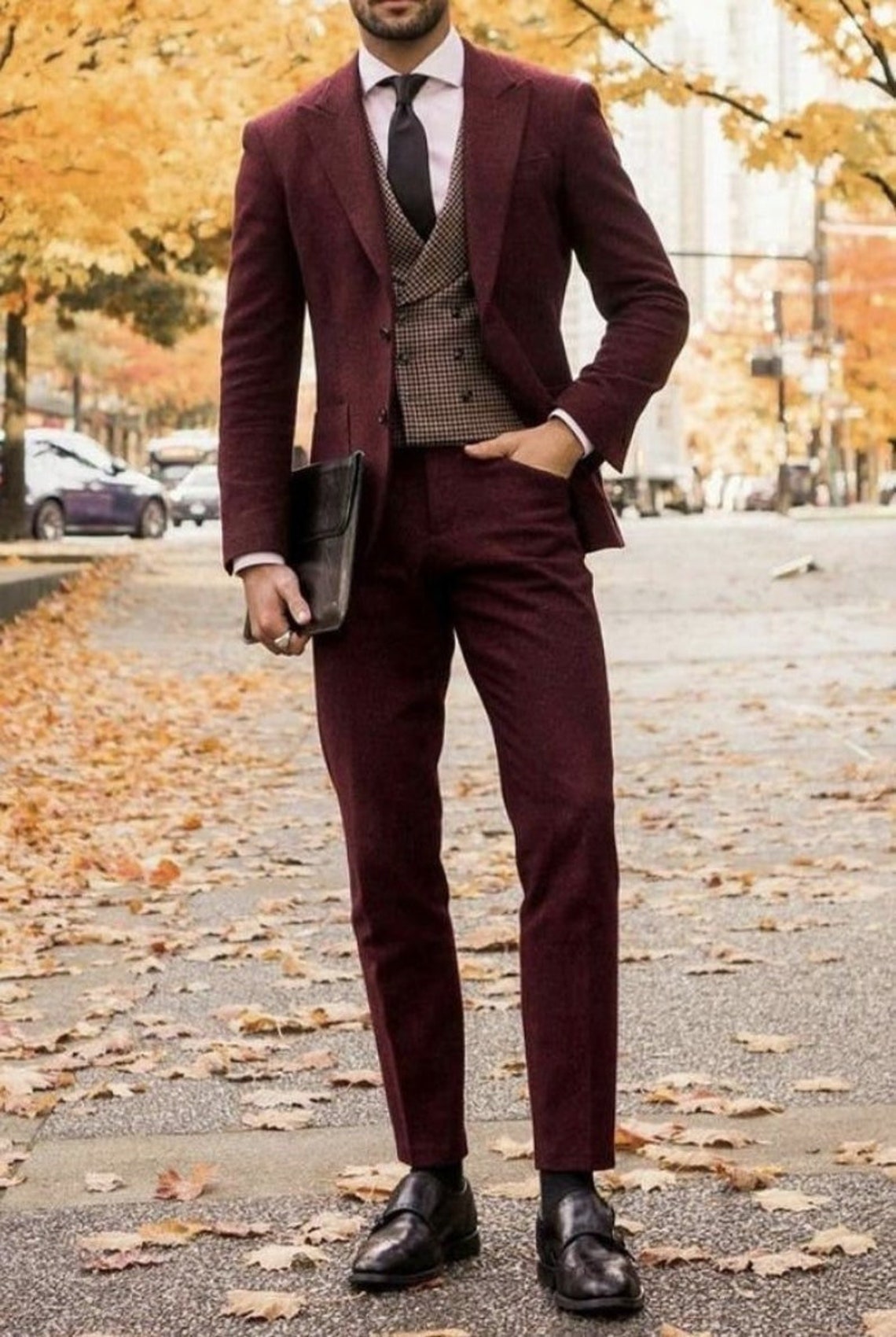 Men Maroon Suit For Winter Wedding Maroon Groomsmen Suit image 1