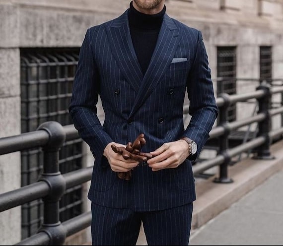 Navy blue best sale suit with stripes