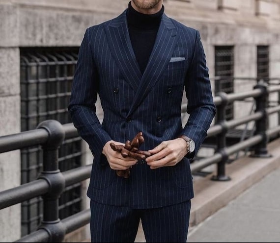 Men's navy blue striped suit, Jacket+Vest+Pants - C3342