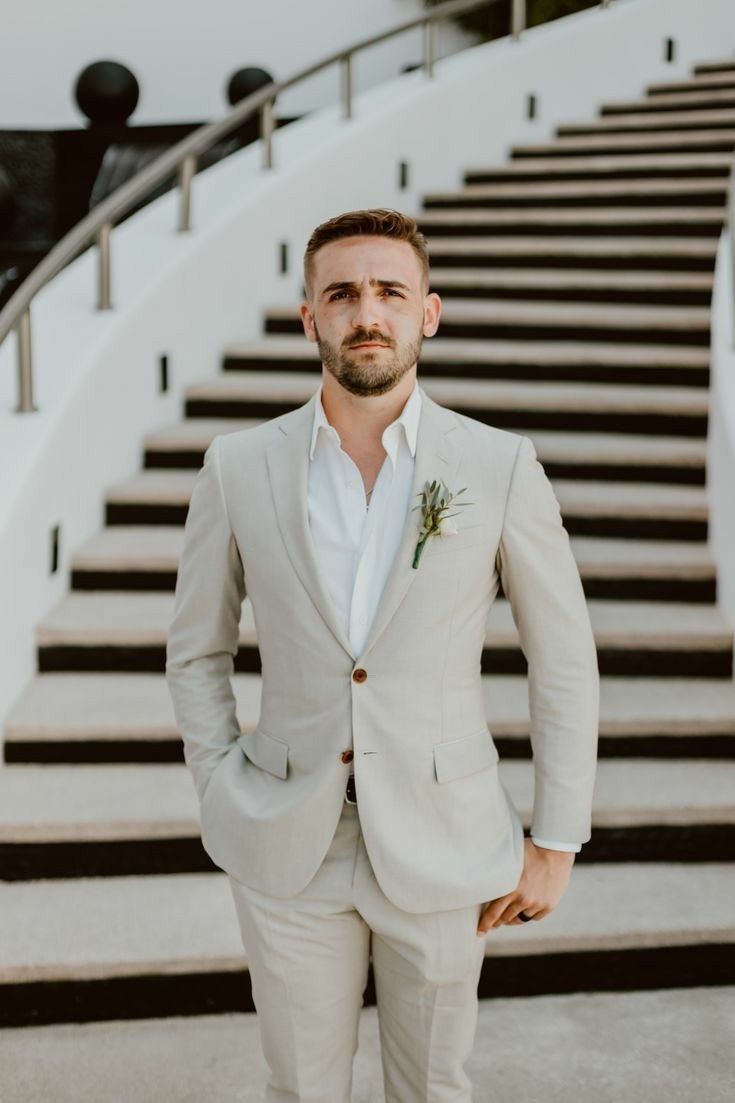 Man Beige Linen Suit Men