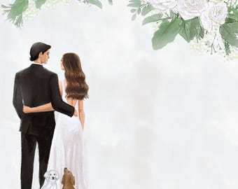 Puede incluir: Ilustración de una pareja abrazándose, con dos perros pequeños a sus pies. El hombre lleva un traje negro y la mujer un vestido de novia blanco. Flores blancas y hojas verdes en la parte superior. Fondo con efecto acuarela.