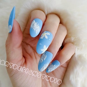 Blue Press on Nails Custom Handmade Reusable Nails Sky Blue Matte Nails Beach Dressing Gift for Her
