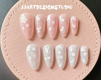 Press on nails Custom Handmade Reusable Cherry Blossom nails Pink White Nails Spring Nails Sakura Blossom Nails Gift for Her Nails