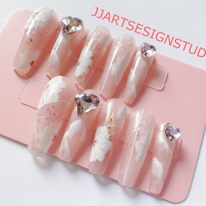 Pink Flower Press on Nails Custom Handmade Reusable Nails Spring Sakura Blossoms Nails Gift for Her
