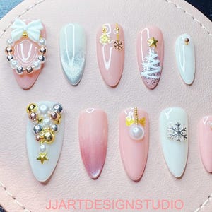 Christmas Press on Nails Custom Handmade Reusable Nails Pink Christmas Nails Holiday Gift Christmas press ons