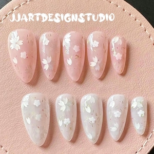 Flower Press on nails Custom Handmade Reusable Cherry Blossom nails Pink White Nails Spring Nails Sakura Blossom Nails Gift for Her Nails