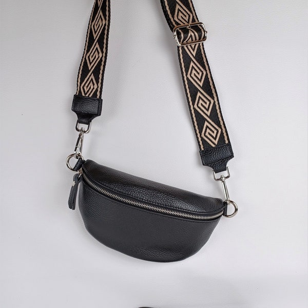 Leather fanny packs with wide straps, shoulder bag, cross body bag Made in Italy belt bag black / silver