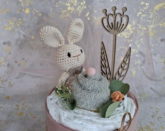Tarta de pañales, regalo de nacimiento para bebé, regalo personalizado para bebé, regalo de pañales neutro, regalo para baby shower, regalo de bautizo, conejito de dentición