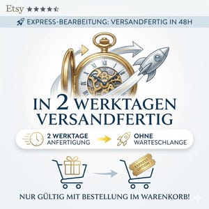 Op de afbeelding: Een Etsy-afbeelding met een gouden zakhorloge, een raket en tekst. De tekst luidt "IN 2 WERKTAGEN VERSANDFERTIG" en "EXPRESS-BEARBEITUNG: VERSANDFERTIG IN 48H". Er worden ook twee winkelwagentjes getoond, een met een cadeau en de andere met een "EXPRESS OPTION"-ticket.
