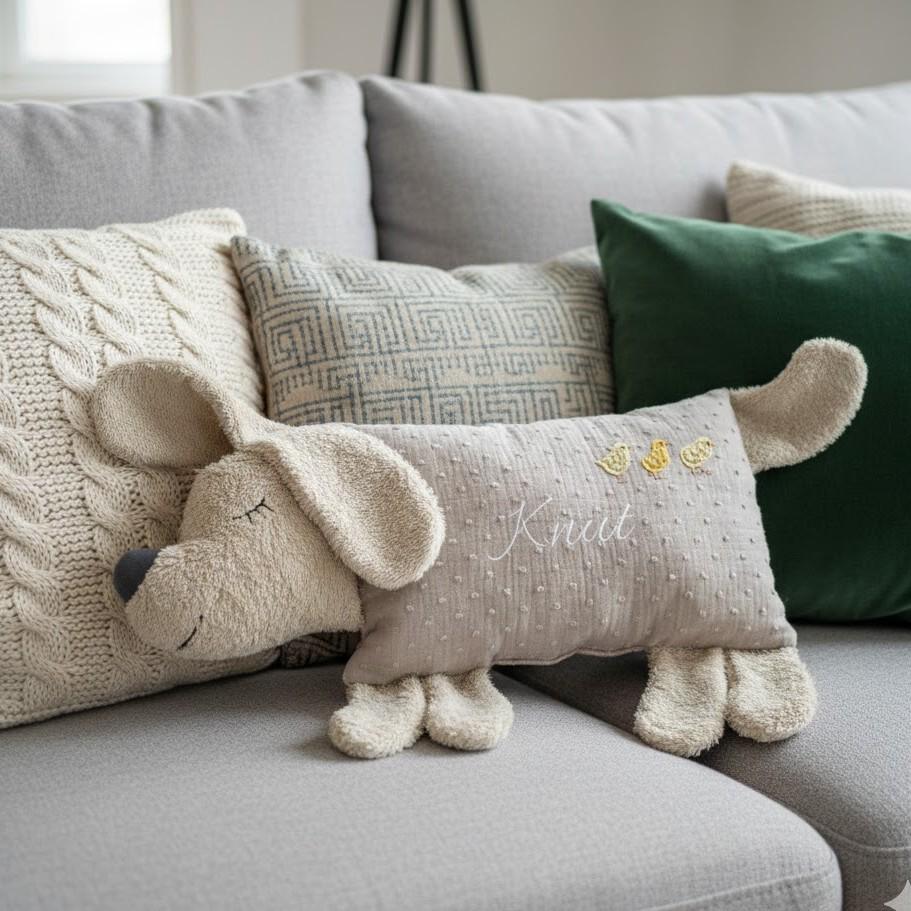 Kuschelkissen, Namenskissen Musselin, Geschenk zum Geburtstag, Hund Kissen, Deko-Kissen mit Name individuell bestickt