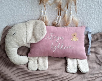 Personalized muslin plush toy pillow with name, handmade decorative pillow, gift for birth, christening gift / Elephant milk white