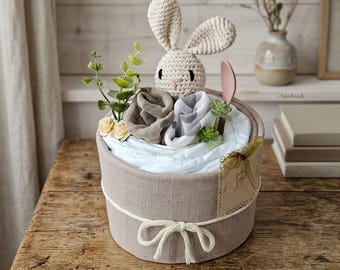 Tarta de pañales, regalo de nacimiento para bebé, regalo personalizado para bebé, regalo de pañales neutro, regalo para baby shower, regalo de bautizo, mordedor