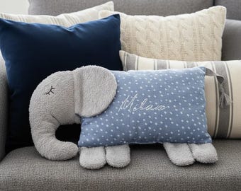 Muslin cuddly cushion, gift for a newborn, personalized christening cushion with name - embroidered christening gift and decorative cushion, elephant grey