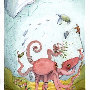 Illustration of a flirtatious octopus in watercolor, painting of a seabed polluted with waste. The importance of ecology in images.