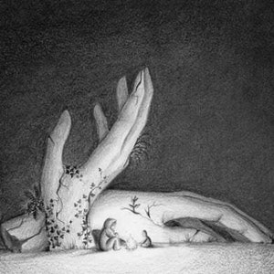 Triptych of surreal and poetic illustration: ancestors, apocalypse, hands. Drawings representing family love and protection.