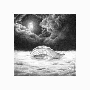 Surreal and poetic illustration: ancestors, apocalypse, hands. Possible in triptych.