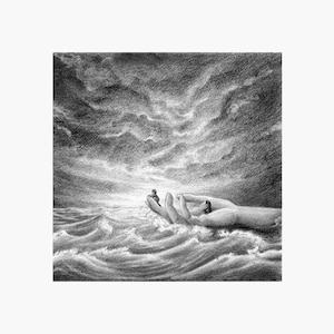 Surreal and poetic illustration: ancestors, apocalypse, bond between a mother and her child, hands, storm, sea. Possible in triptych.