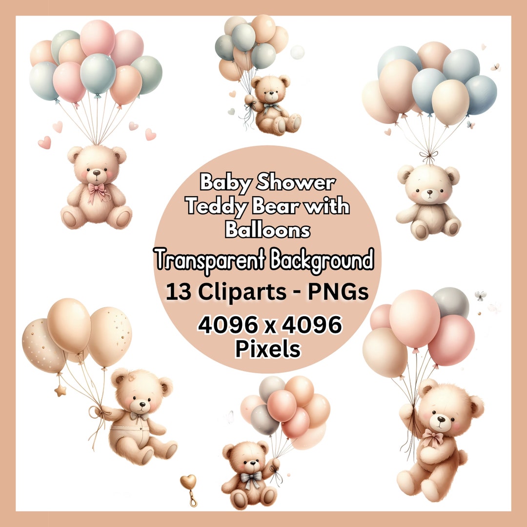 Baby Shower Clipart Bundle 13 Watercolor Teddy Bear With Balloons ...