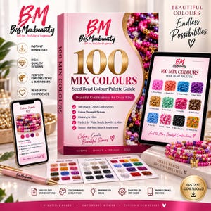 May include: A digital guide titled 100 Mix Colours Seed Bead Colour Palette Guide by BosMaxbeauty, featuring a tablet displaying bead palettes, a smartphone showing colour details, a branded pen, and printed cards with various bead colour swatches.
