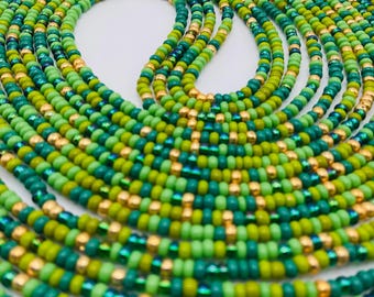 Green Glass Waist Beads, Floral Belly Chain, Tie On Jewelry