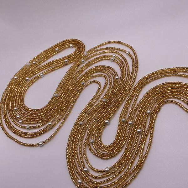 Golden pearls African waist beads , belly chains, tie on waist beads, jewelr, waist bands . 50 inches long