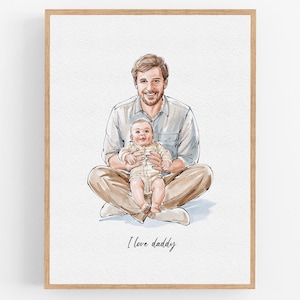 Fathers Day Gift from Wife, Custom Detailed Watercolor Portraits from Daughter, Personalized First Father&#39;s Day Gift from Photo