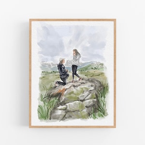 May include: A watercolor illustration depicting a person kneeling on a large rock to propose to another person standing nearby. The scene is set in a mountainous landscape with green grass, distant peaks, and a cloudy sky rendered in soft tones.