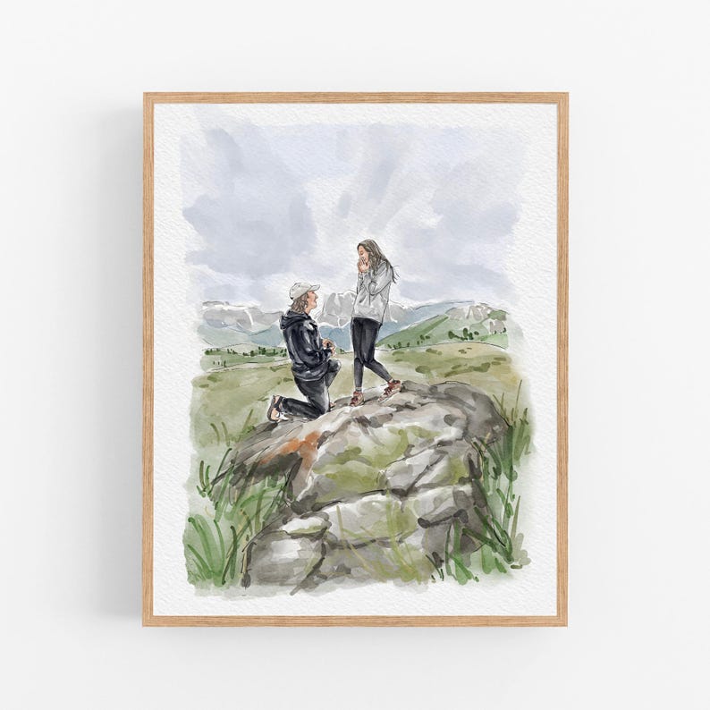 May include: A watercolor illustration depicting a person kneeling on a large rock to propose to another person standing nearby. The scene is set in a mountainous landscape with green grass, distant peaks, and a cloudy sky rendered in soft tones.