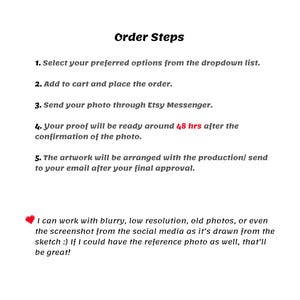 Puede incluir: Imagen con fondo blanco y texto negro que detalla los pasos del pedido. Las instrucciones incluyen la selecci&oacute;n de opciones, el pedido, el env&iacute;o de fotos, la prueba y la aprobaci&oacute;n final. Un coraz&oacute;n rojo y texto adicional en la parte inferior.