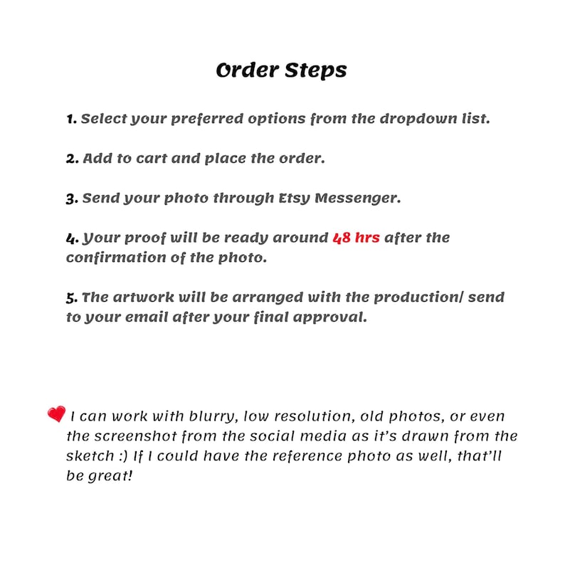 Puede incluir: Imagen con fondo blanco y texto negro que detalla los pasos del pedido. Las instrucciones incluyen la selecci&oacute;n de opciones, el pedido, el env&iacute;o de fotos, la prueba y la aprobaci&oacute;n final. Un coraz&oacute;n rojo y texto adicional en la parte inferior.