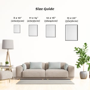 May include: A size guide chart displaying four rectangular frames with dimensions of 8x10 inches, 11x14 inches, 12x16 inches, and 15x20 inches. The text Size Guide is centered above the frames, which are arranged horizontally against a plain wall.