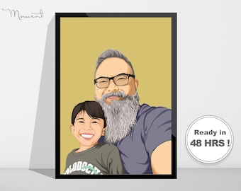 Puede incluir: Una ilustración digital de un padre y un hijo. El padre tiene el pelo gris y barba, y lleva una camisa azul. El hijo tiene el pelo castaño y lleva una camisa gris. El fondo es de color amarillo claro.