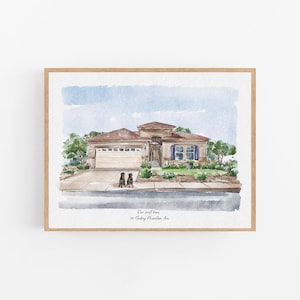 Puede incluir: Pintura a la acuarela de una casa con tejado marr&oacute;n, paredes beige y garaje para dos coches. Dos perros negros est&aacute;n delante de la casa. El texto "Our first home" y la direcci&oacute;n "129 Sudbury Mountain Ave" est&aacute;n en la parte inferior.