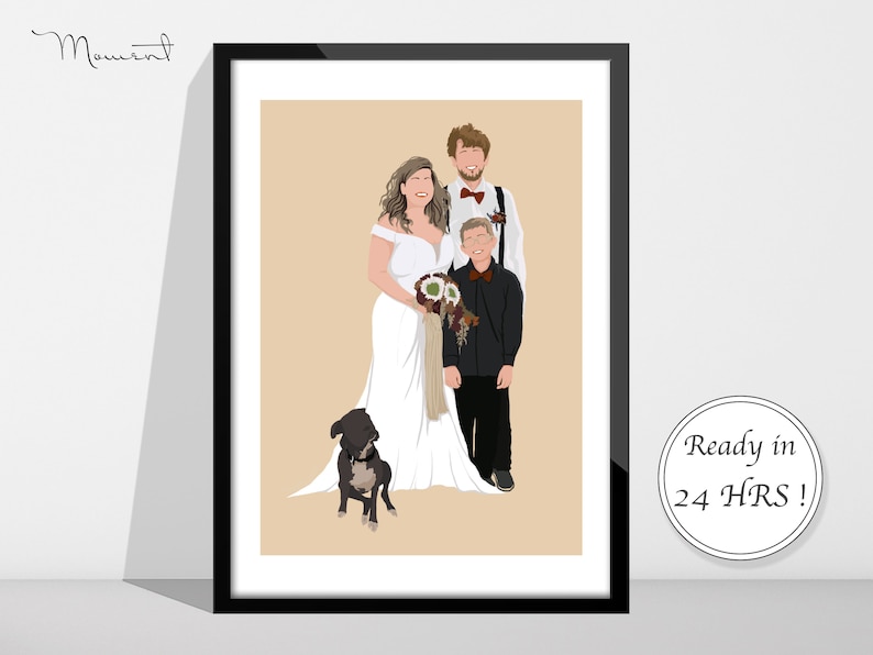 May include: A framed illustration of a wedding party with a bride, groom, and a child. The bride is wearing a white dress and holding a bouquet of flowers. The groom is wearing a suit and bow tie. The child is wearing a black suit and bow tie. A black dog is sitting in front of the group.