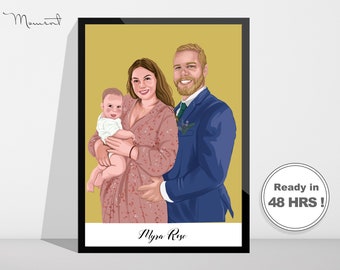 Dibujo personalizado de retrato de caricatura, ilustración de retrato familiar personalizado a partir de foto, póster de dibujo de retrato de pareja con impresión digital
